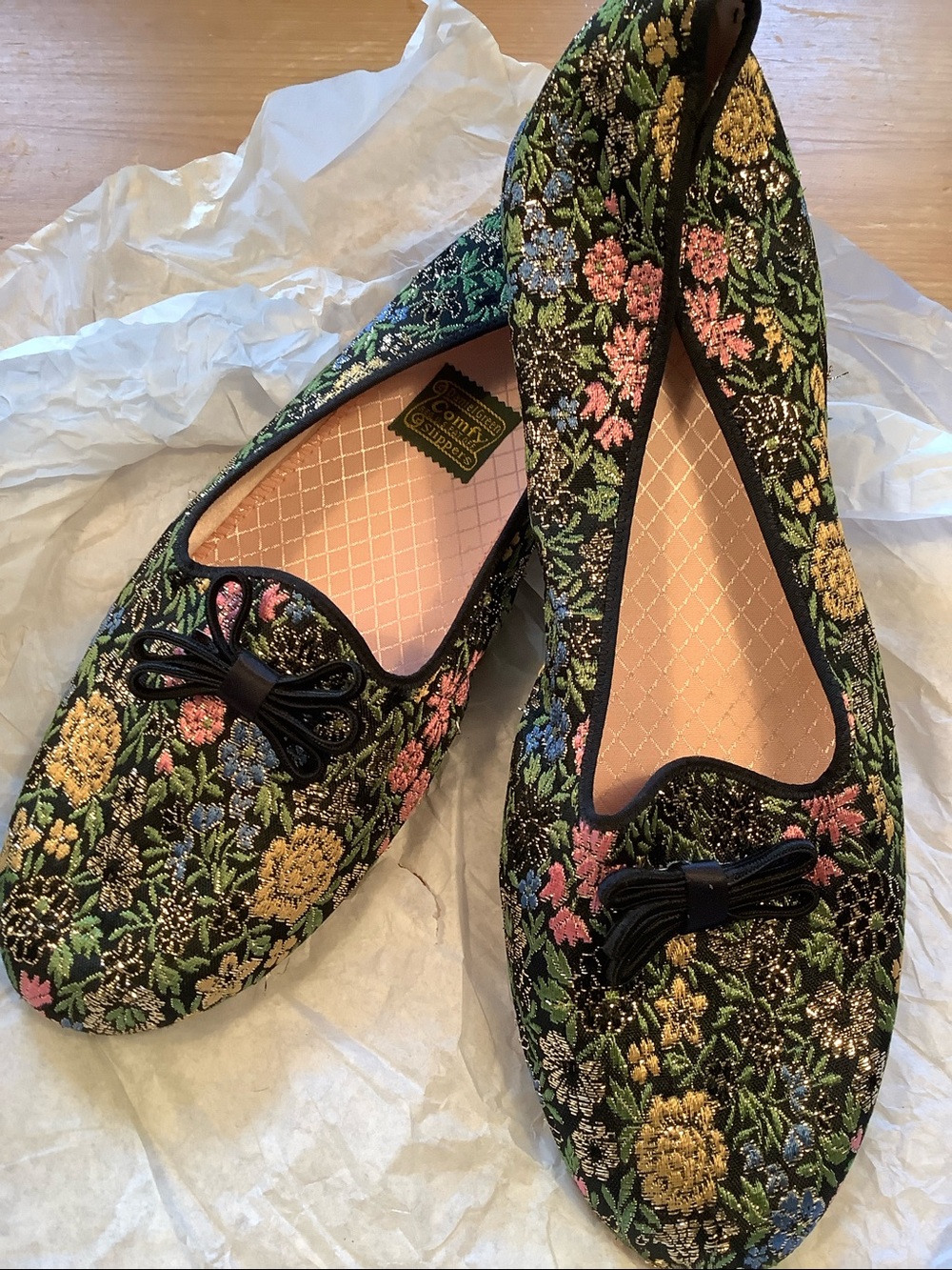 Vintage Daniel Green Gold Floral Brocade Slippers - Black Gold Multi - SZ 11